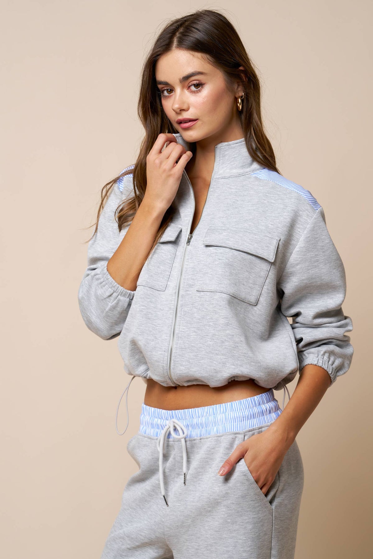 Color Block Zip Up Mock Neck Sweatshirt And Pant Set