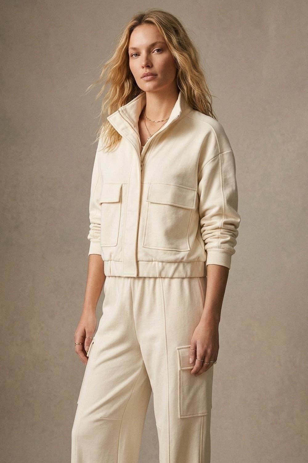 Cream High Collar Pocket Bomber Jacket