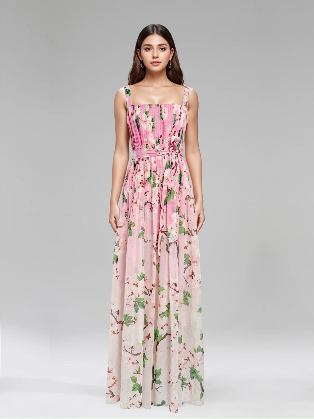 Chiffon Ombre Floral Pleated Maxi Dress