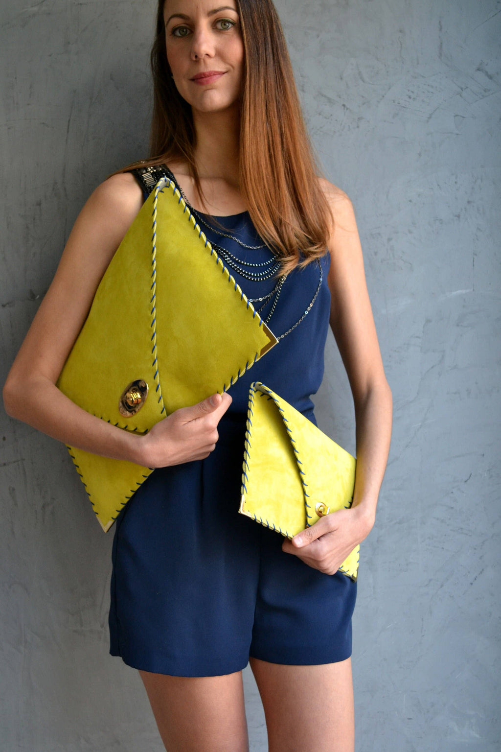 Symmetria Large Soft Clutch In Lime Yellow With Blue Piping