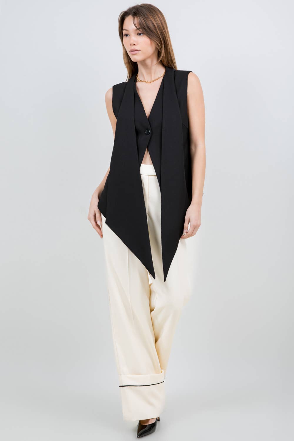 Black Woven Vest With Attached Scarf