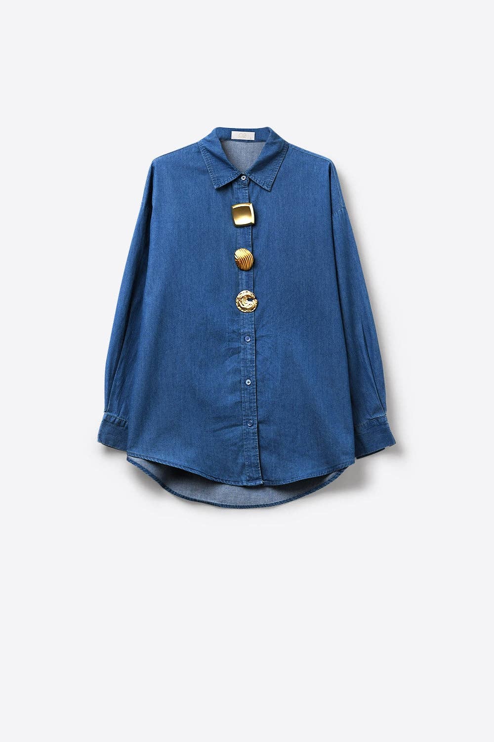 Blue Denim Blouse with Statement Gold Buttons