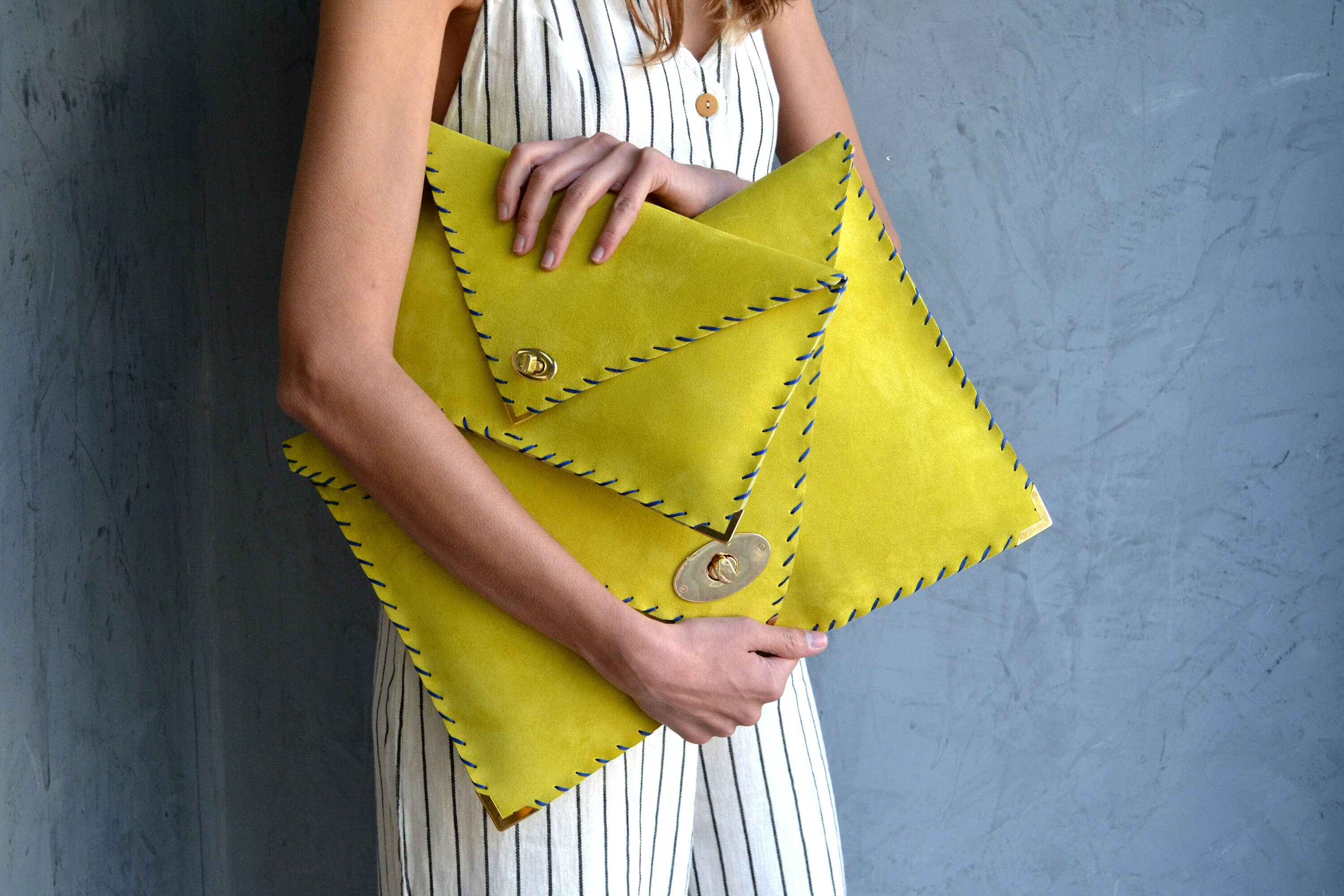 Symmetria Large Soft Clutch In Lime Yellow With Blue Piping