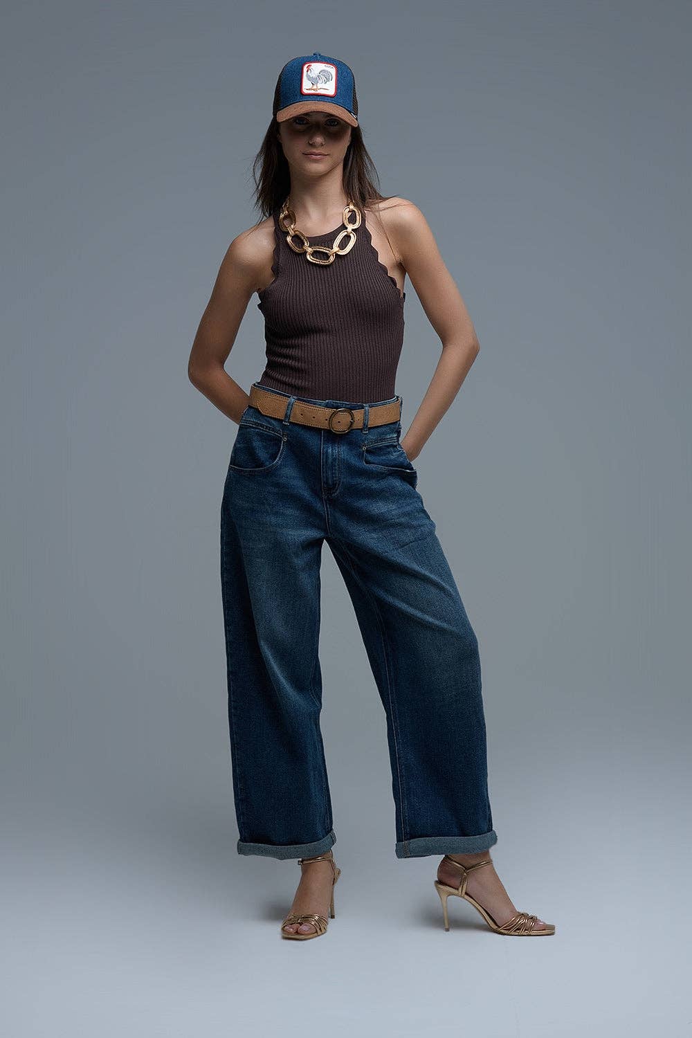 Brown Ribbed Halter Top With Scalloped Finish