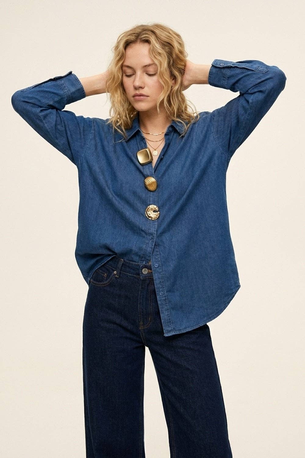 Blue Denim Blouse with Statement Gold Buttons