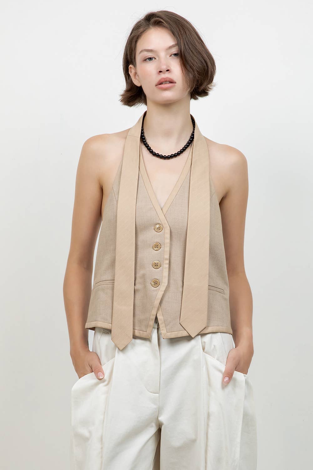 Khaki Button Down Tie Accent Vest