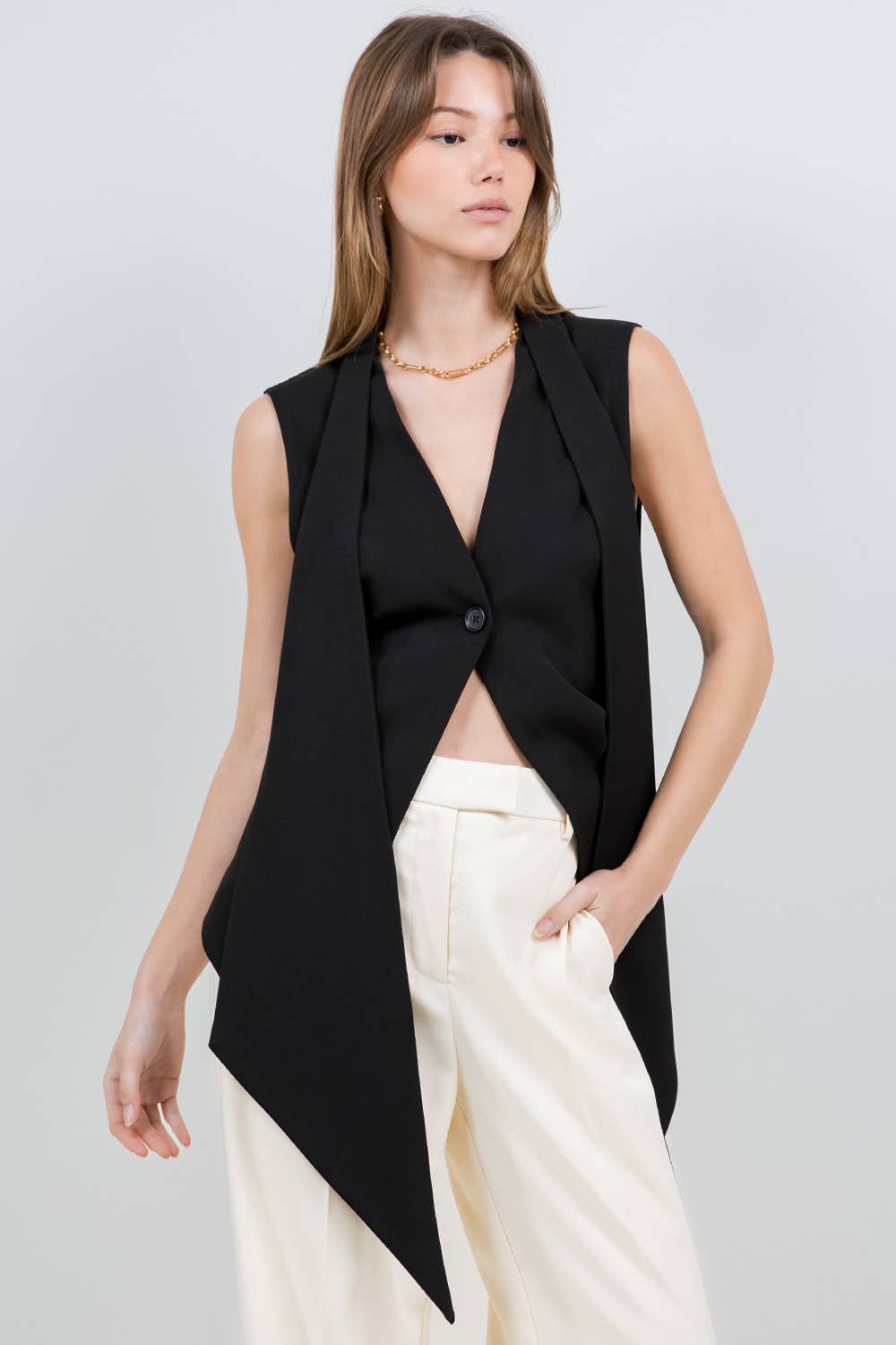 Black Woven Vest With Attached Scarf