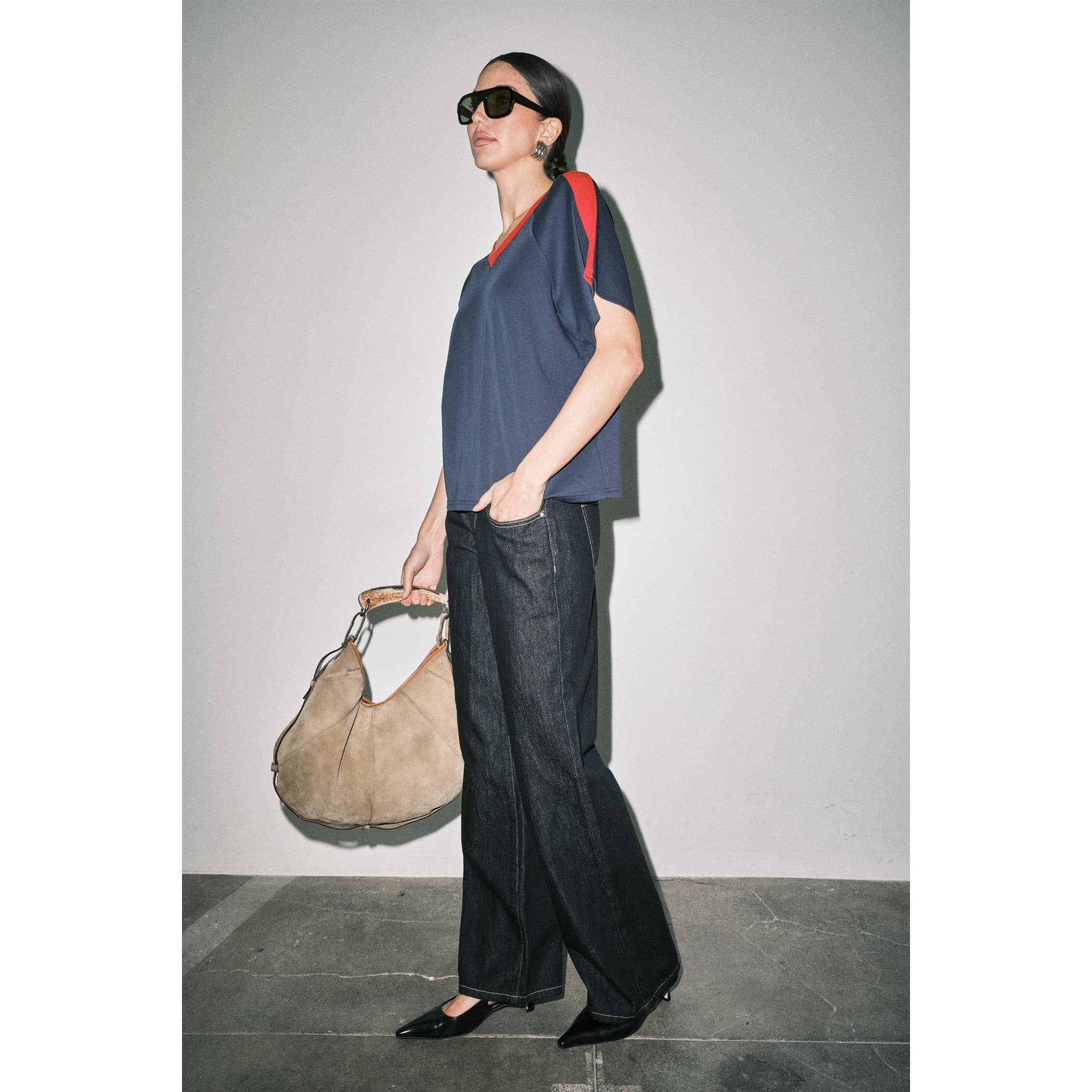 Ruth Sporty V-Neck Short Sleeve Boxy Tee Top Navy And Red