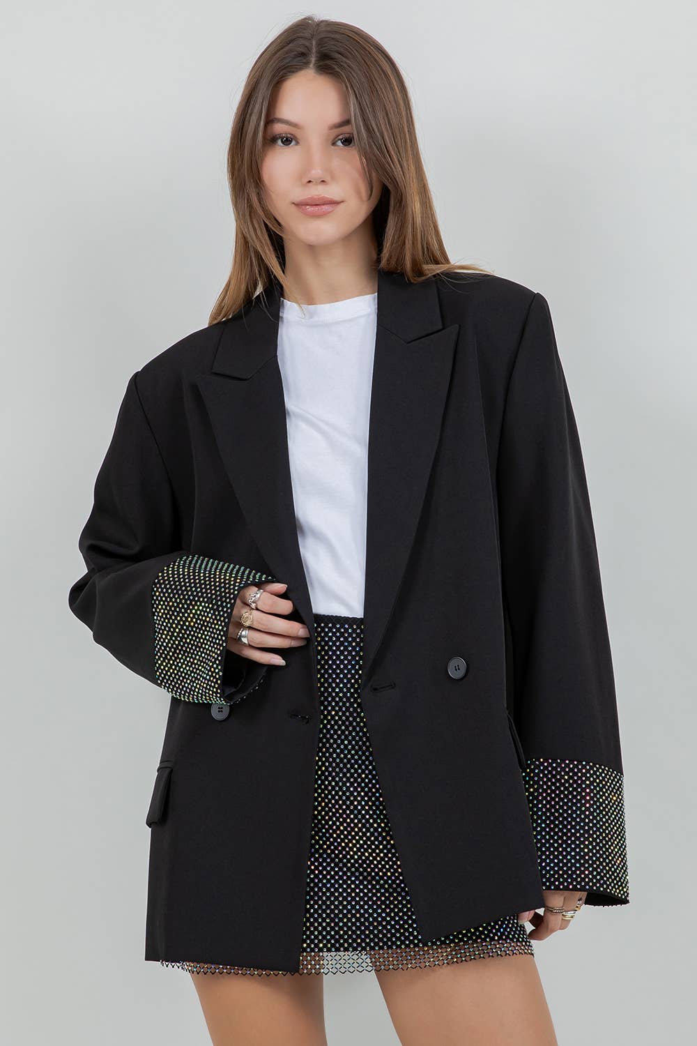 BLAZER WITH CONTRAST RHINESTONE SLEEVES