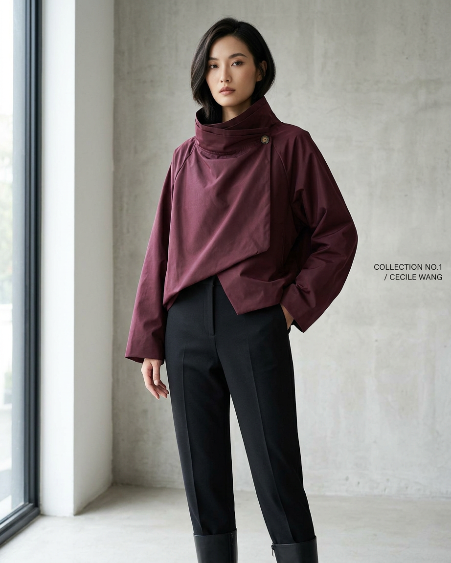 Bordeaux Buttoned Draped-Collar Waterproof Jacket