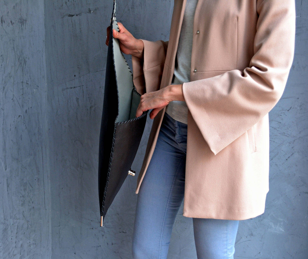 Symmetria Black Large Leather Clutch Bag With Silver Hardware