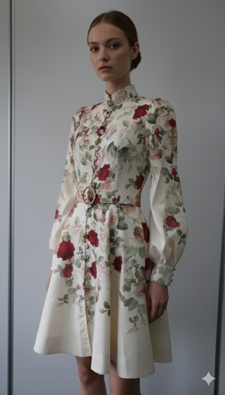 Floral Button-Front Belted Dress
