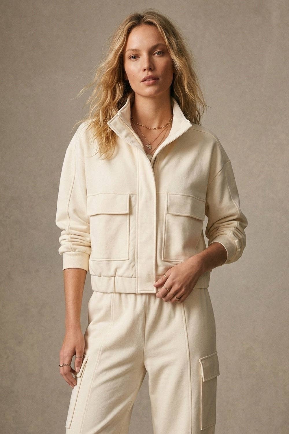 Cream High Collar Pocket Bomber Jacket