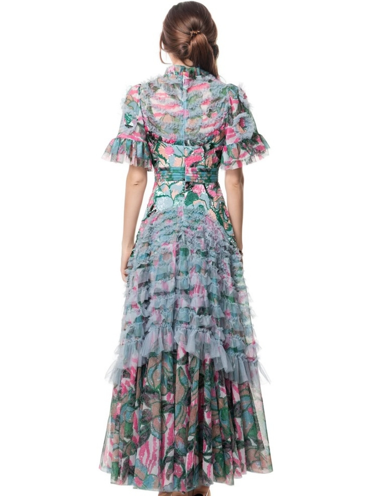 Hand-Printed Lotus Leaf Lace Dress with Sequin and Beaded Detail