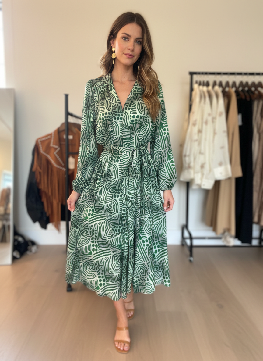 Green and Light Blue Balloon Sleeve Dress