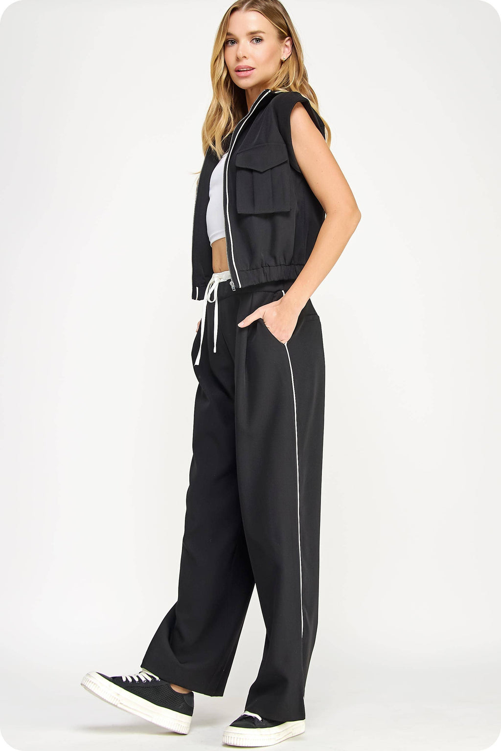 Mock Neck Rolled Up Sleeve Piping Detail Vest And Pant Set