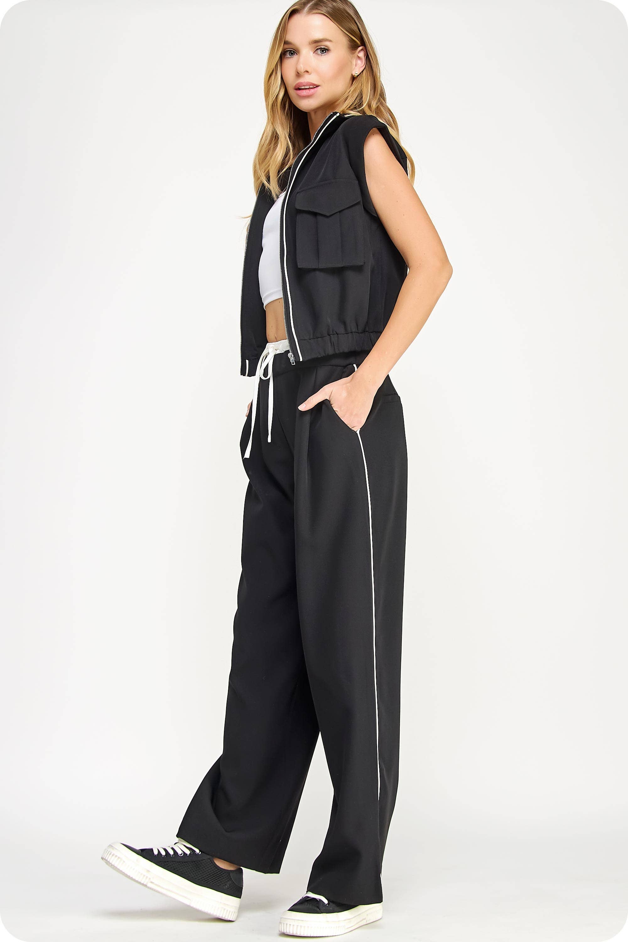 Mock Neck Rolled Up Sleeve Piping Detail Vest And Pant Set