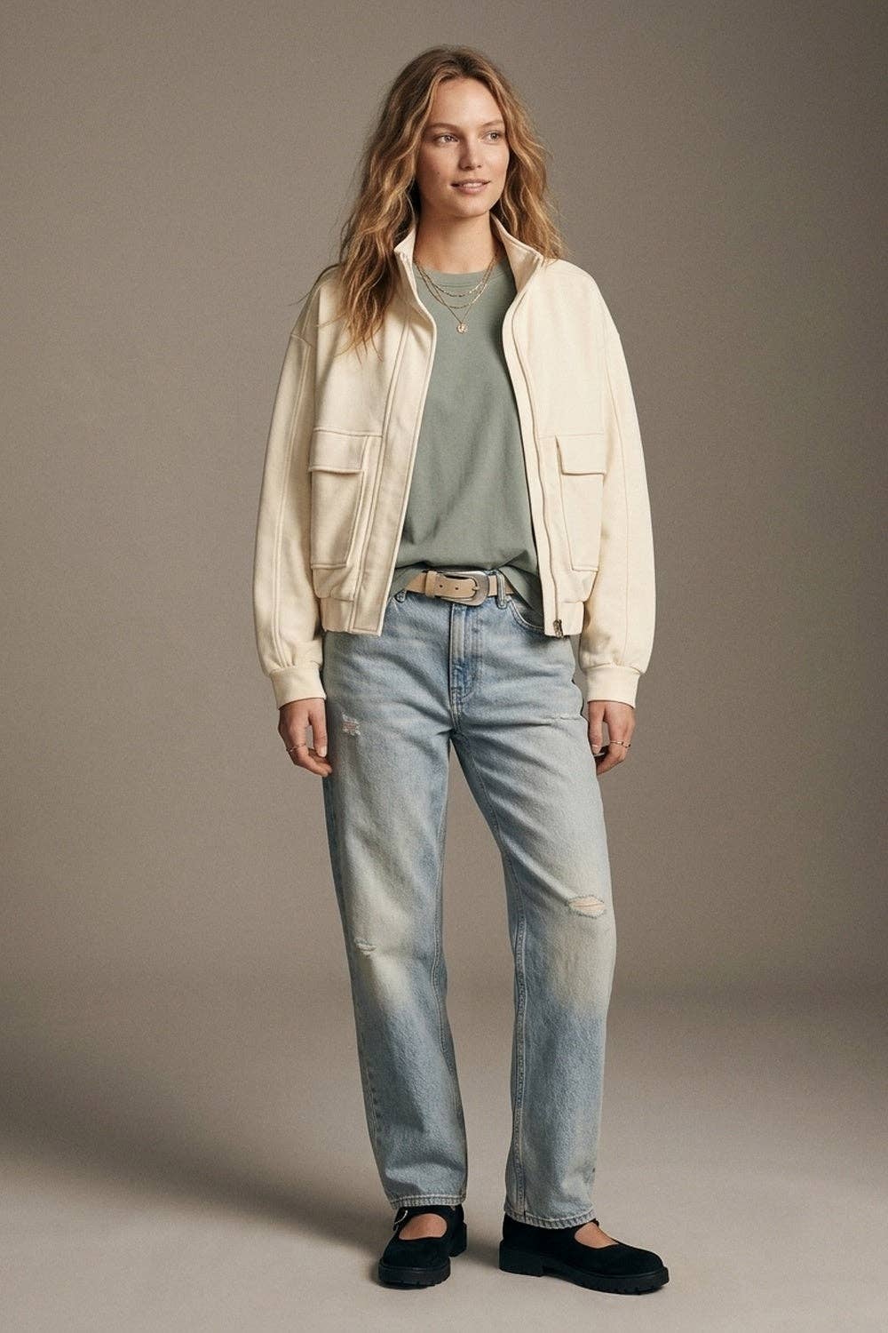 Cream High Collar Pocket Bomber Jacket