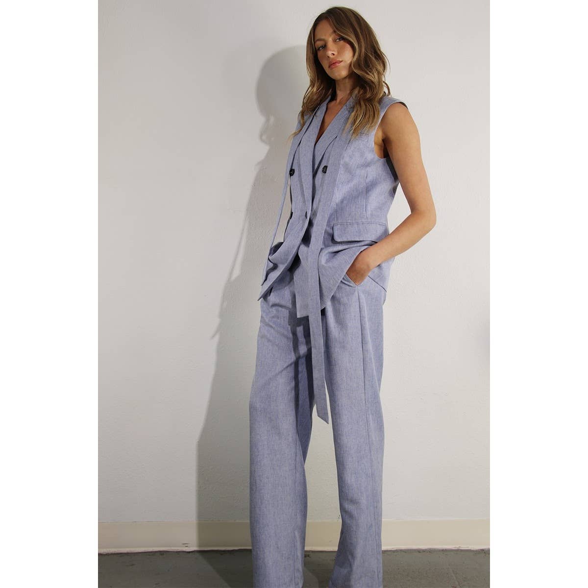 SPRING VEST AND LONG PANTS SUIT SET: DENIM BLUE HAZE