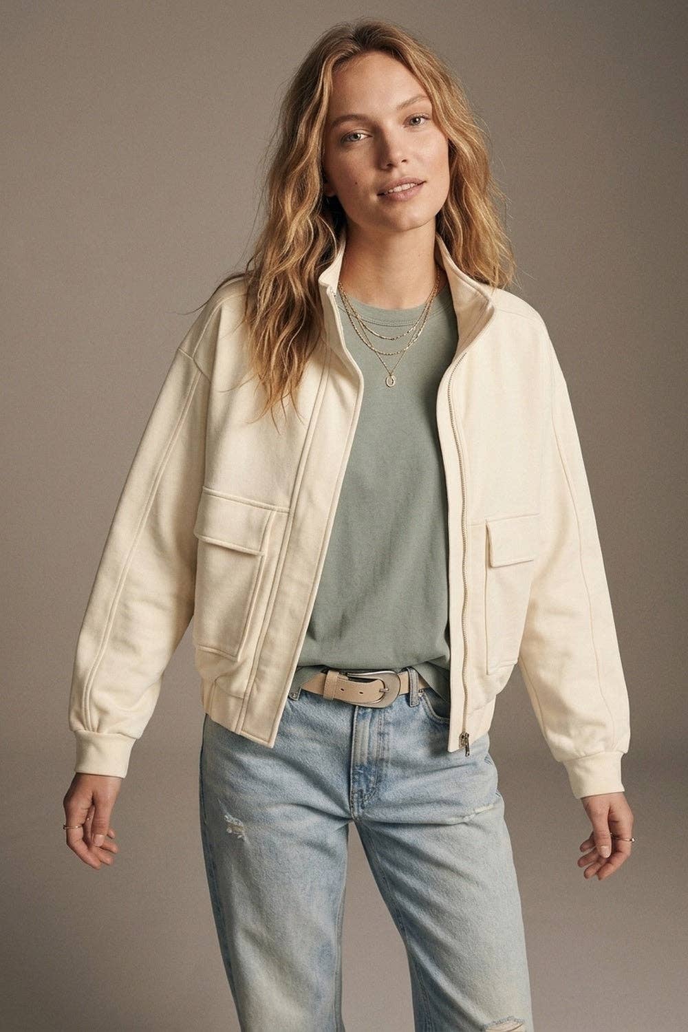 Cream High Collar Pocket Bomber Jacket