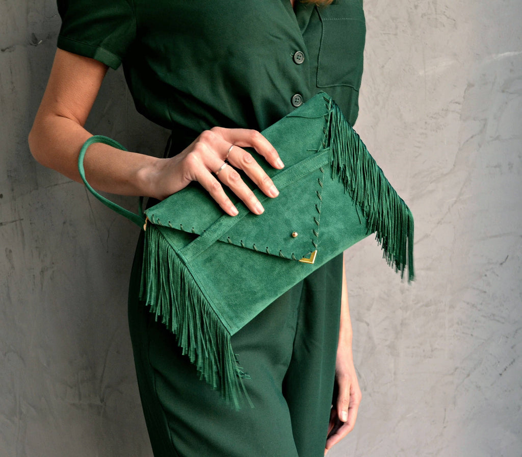 Medusa Clutch In Esmerald With Silk Fringe And  Silver Hardware