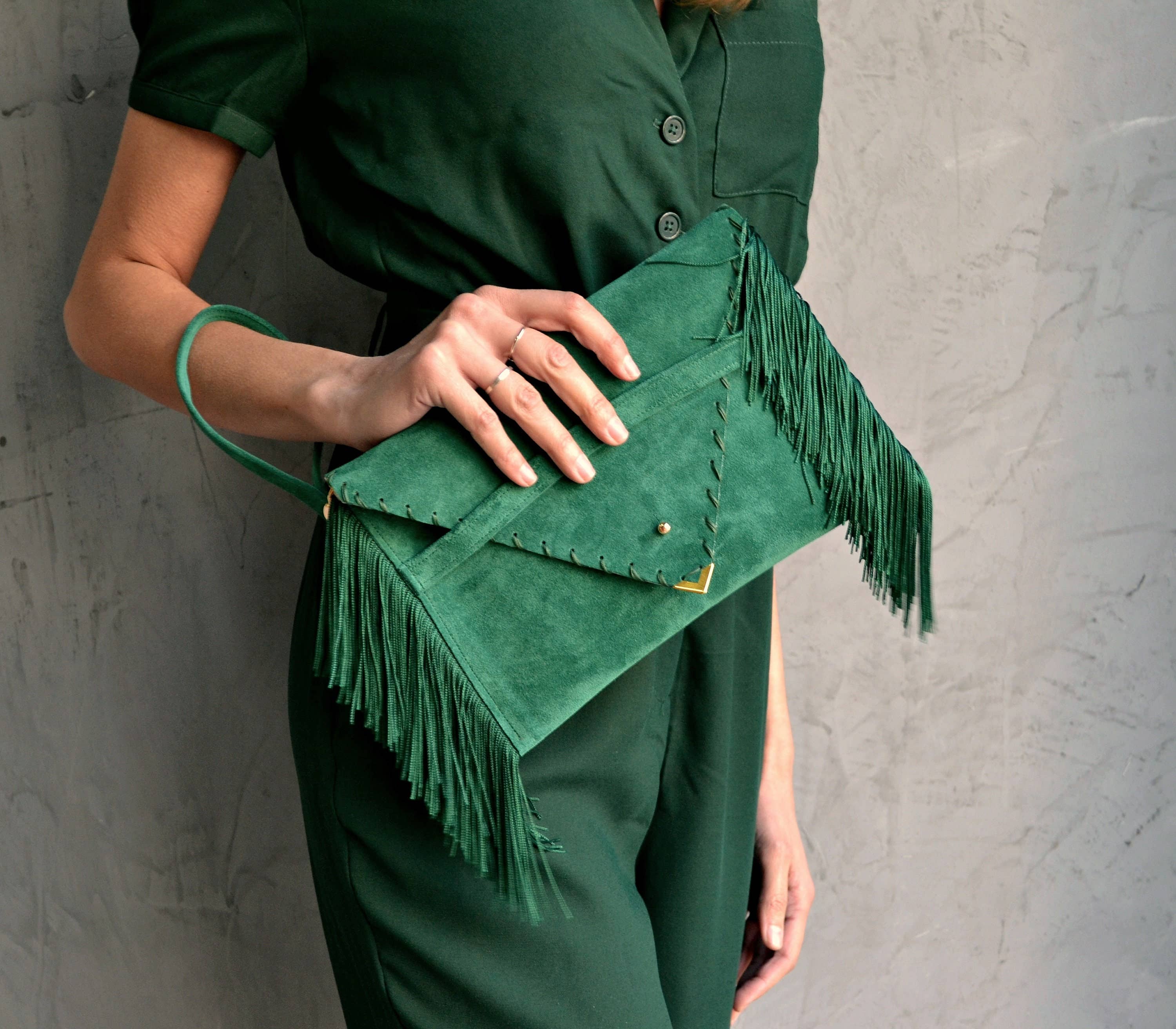 Medusa Clutch In Esmerald With Silk Fringe And  Silver Hardware