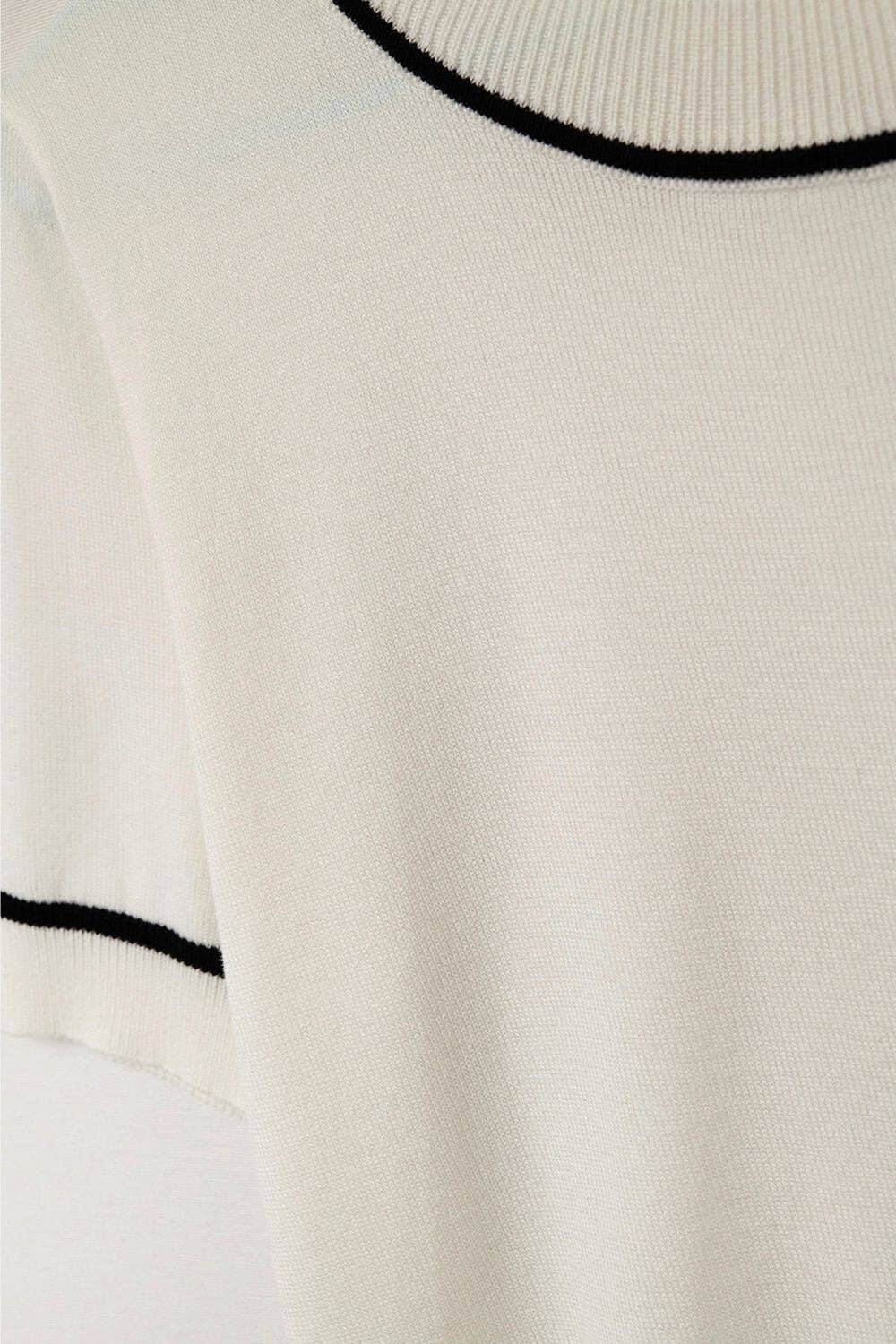 White Short Sleeve Knit Top with Black Stripe Detail