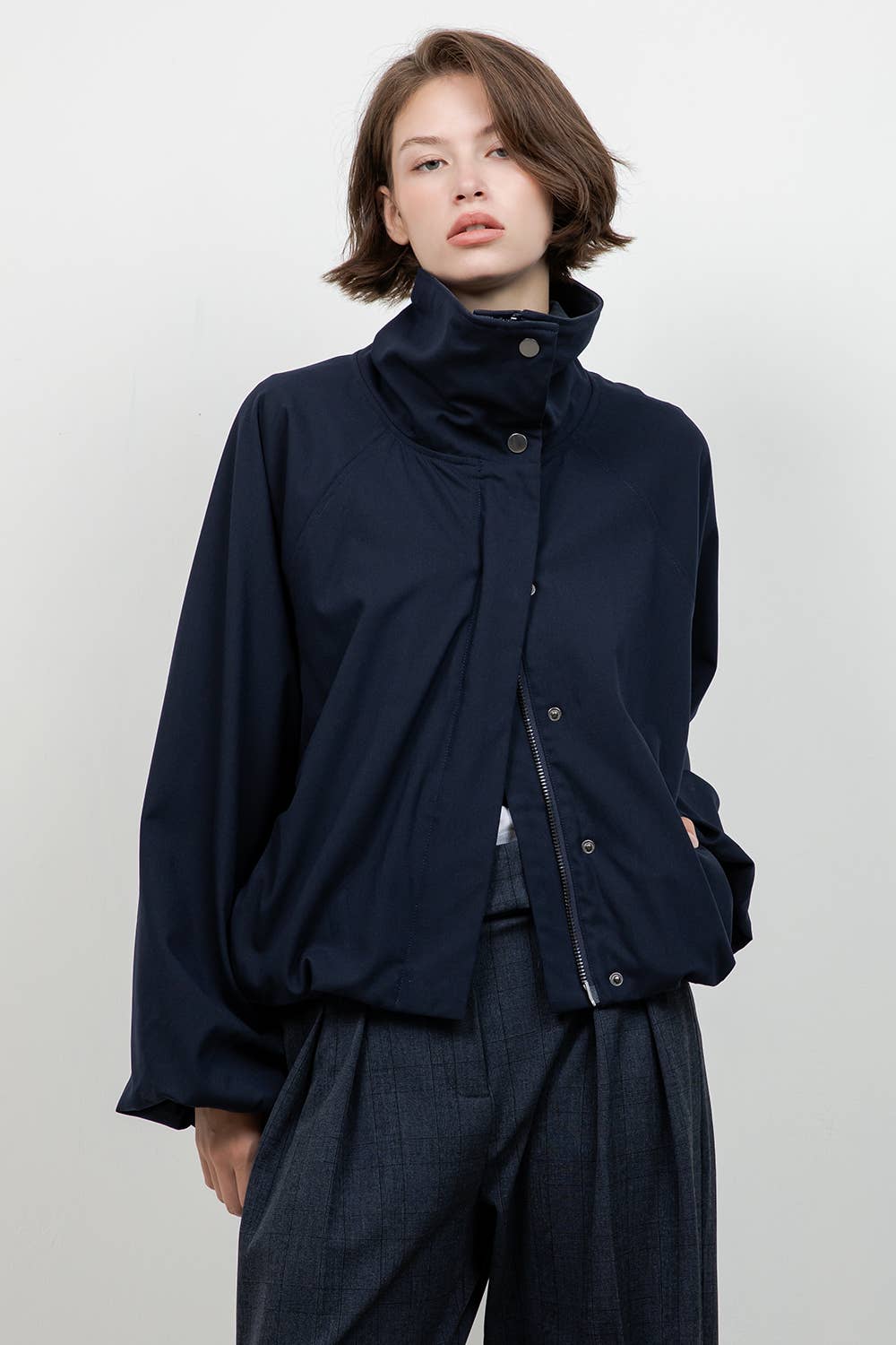 Soft Navy Jacket With Plaid Collar Detail