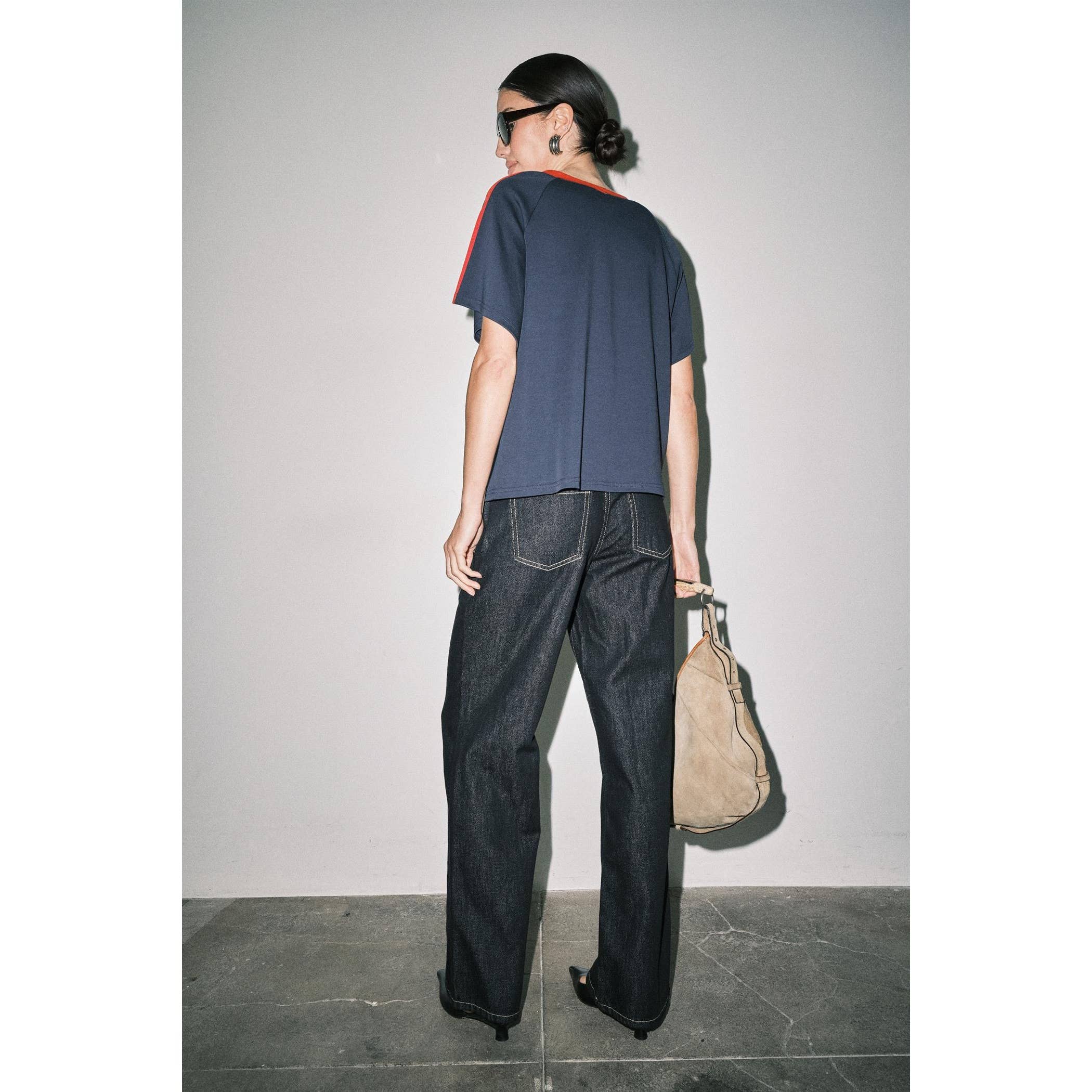 Ruth Sporty V-Neck Short Sleeve Boxy Tee Top Navy And Red