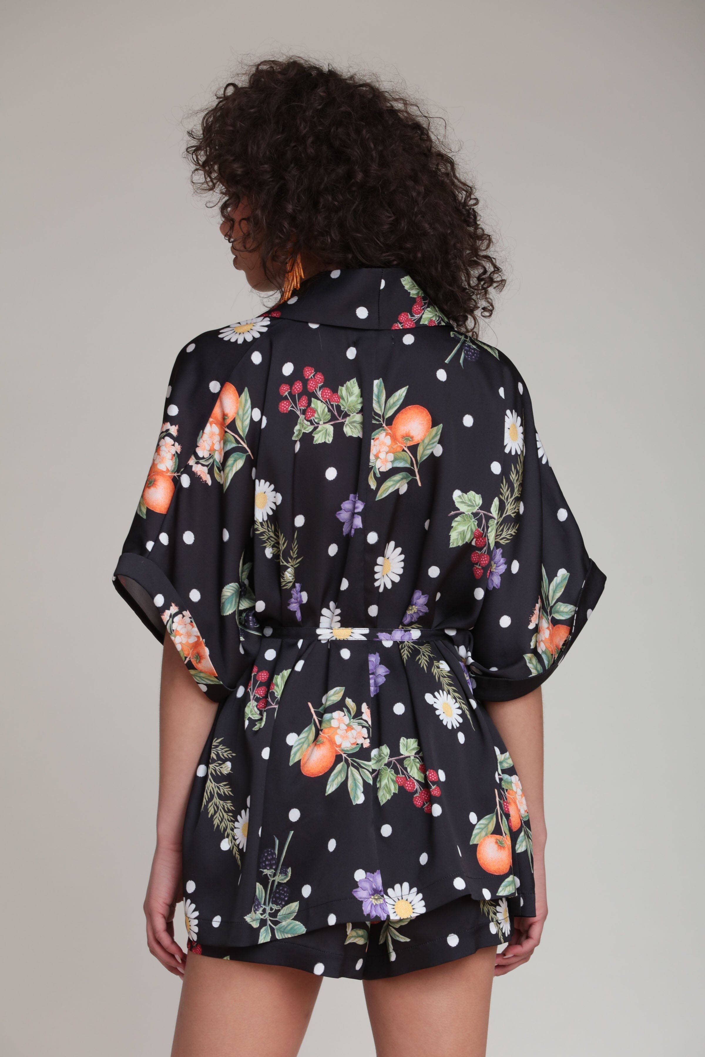 Floral Polka Dot Satin Kimono Top and Short Set: Black Scattered Botanical