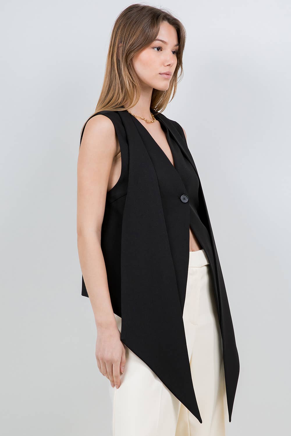 Black Woven Vest With Attached Scarf
