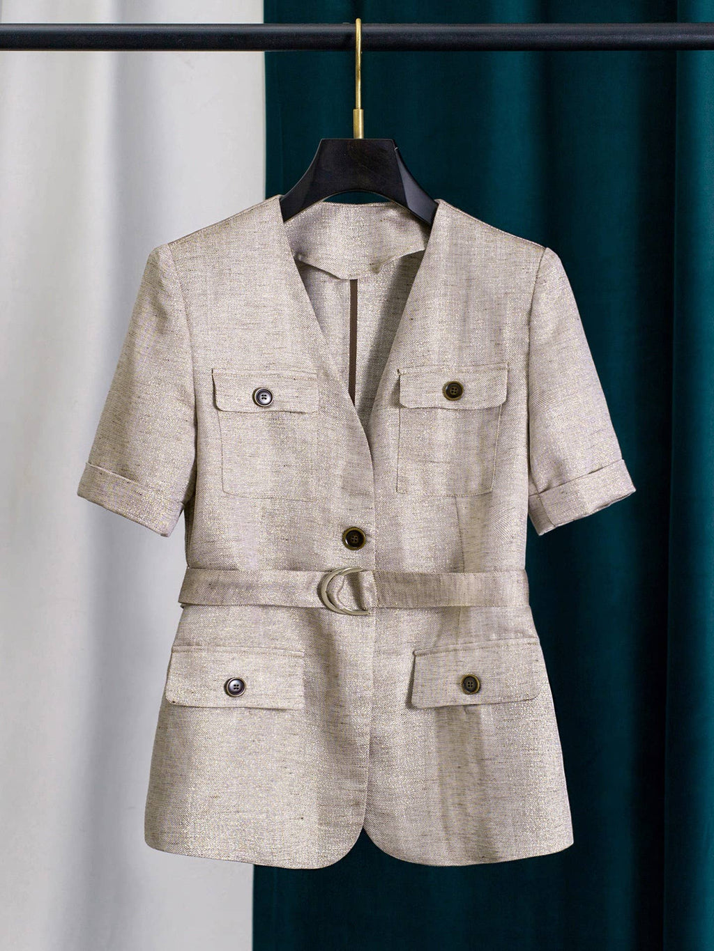 Linen Blend Belted Short Sleeve Blazer Women