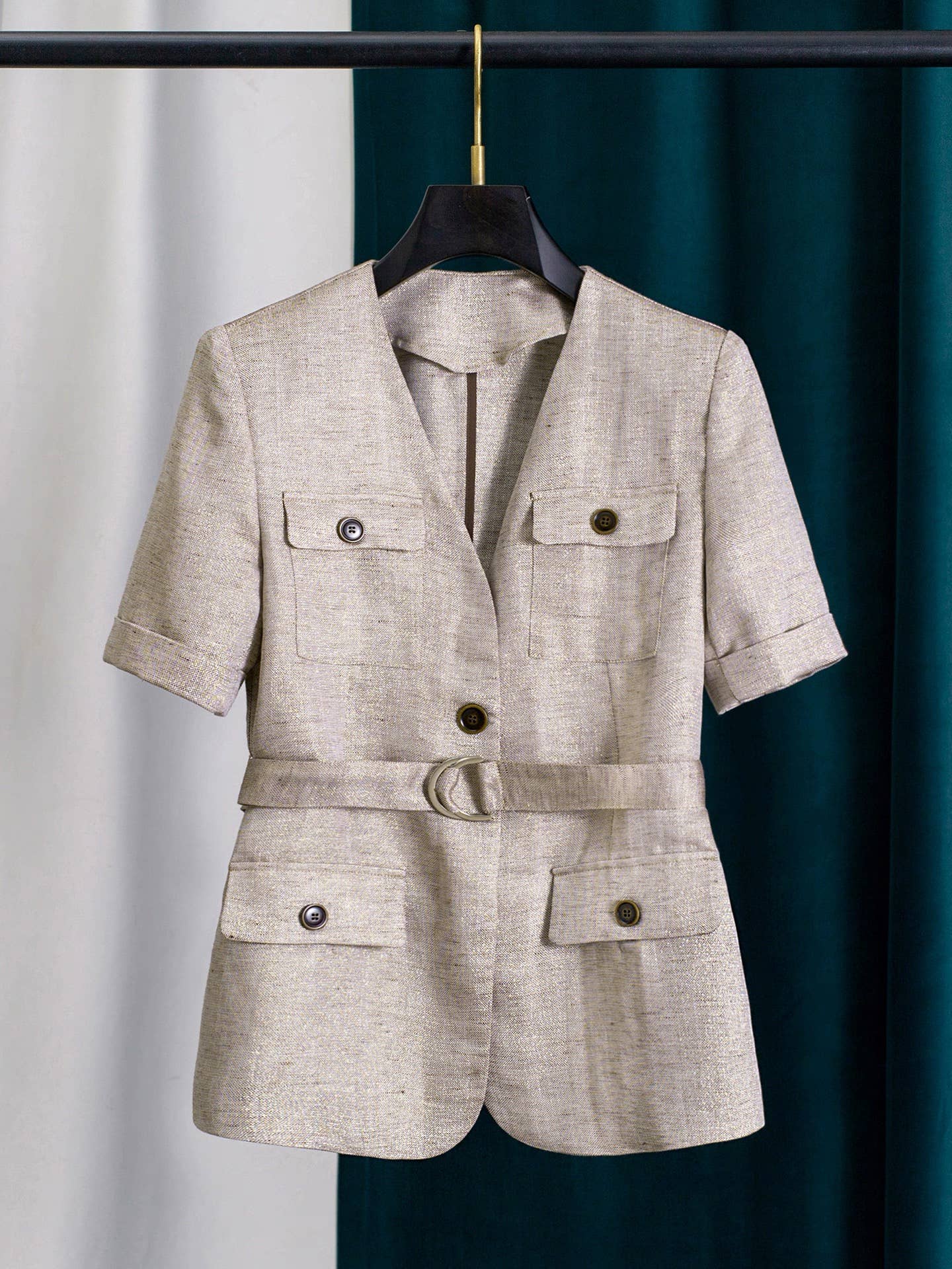 Linen Blend Belted Short Sleeve Blazer Women