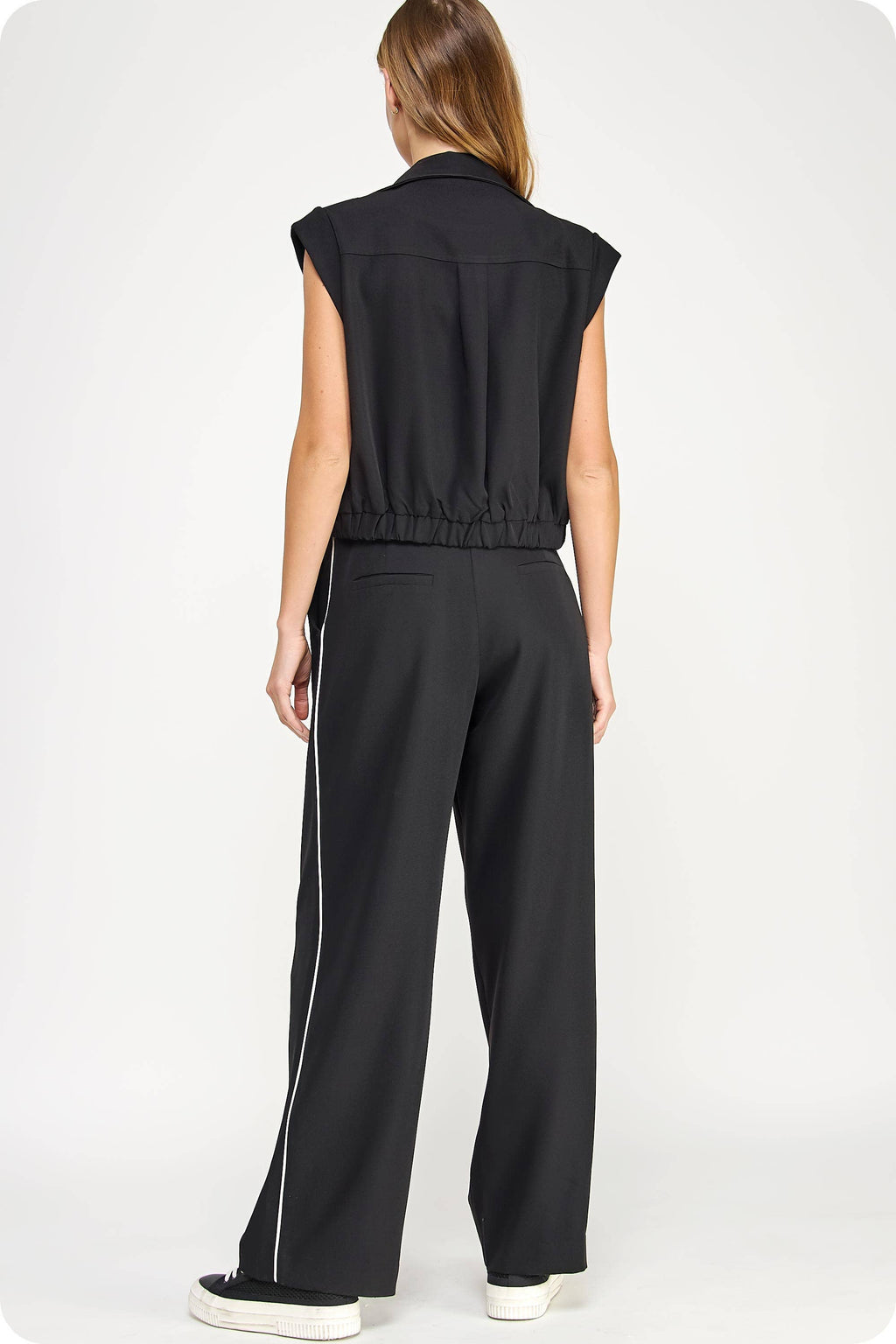 Mock Neck Rolled Up Sleeve Piping Detail Vest And Pant Set