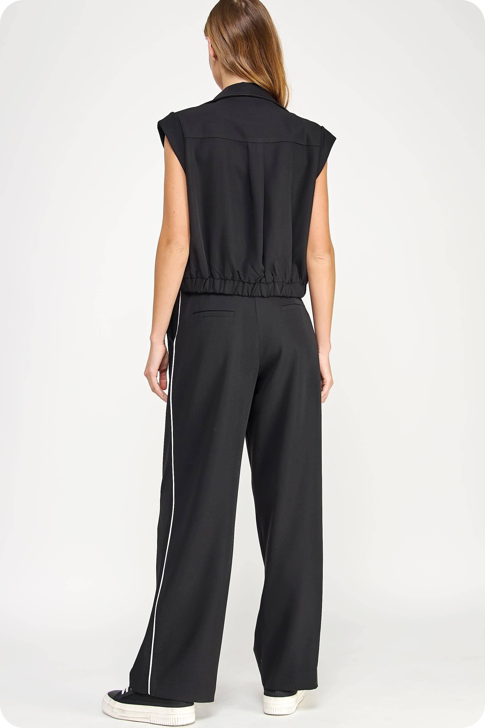 Mock Neck Rolled Up Sleeve Piping Detail Vest And Pant Set