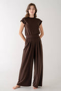 Coffee Shoulder Pad Top And Wide Leg Pleasted Pants