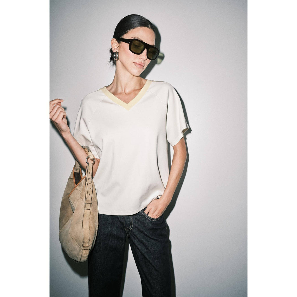 Ruth Sporty V-Neck Short Sleeve Boxy Tee Top White And Yellow