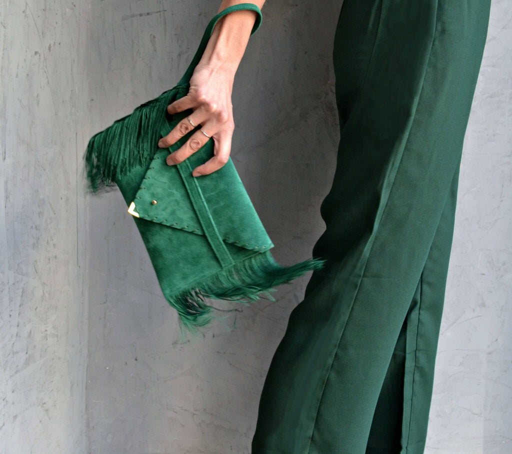 Medusa Clutch In Esmerald With Silk Fringe And  Silver Hardware