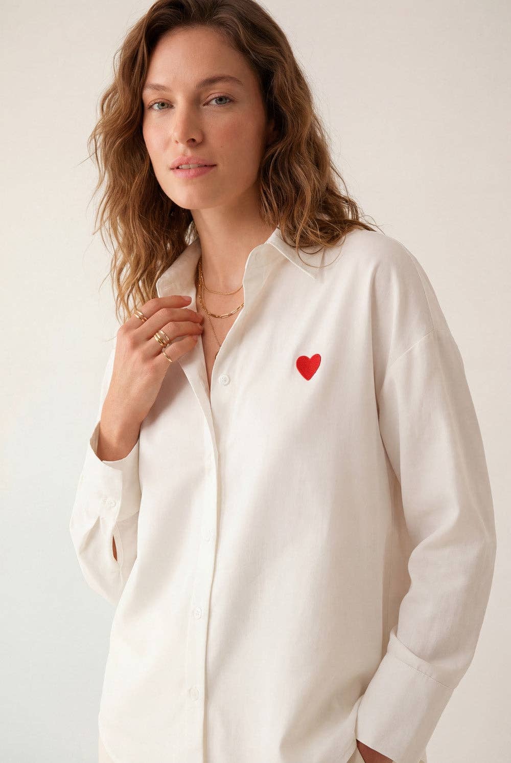 White Oxford Cotton Shirt with Embroidered Red Heart