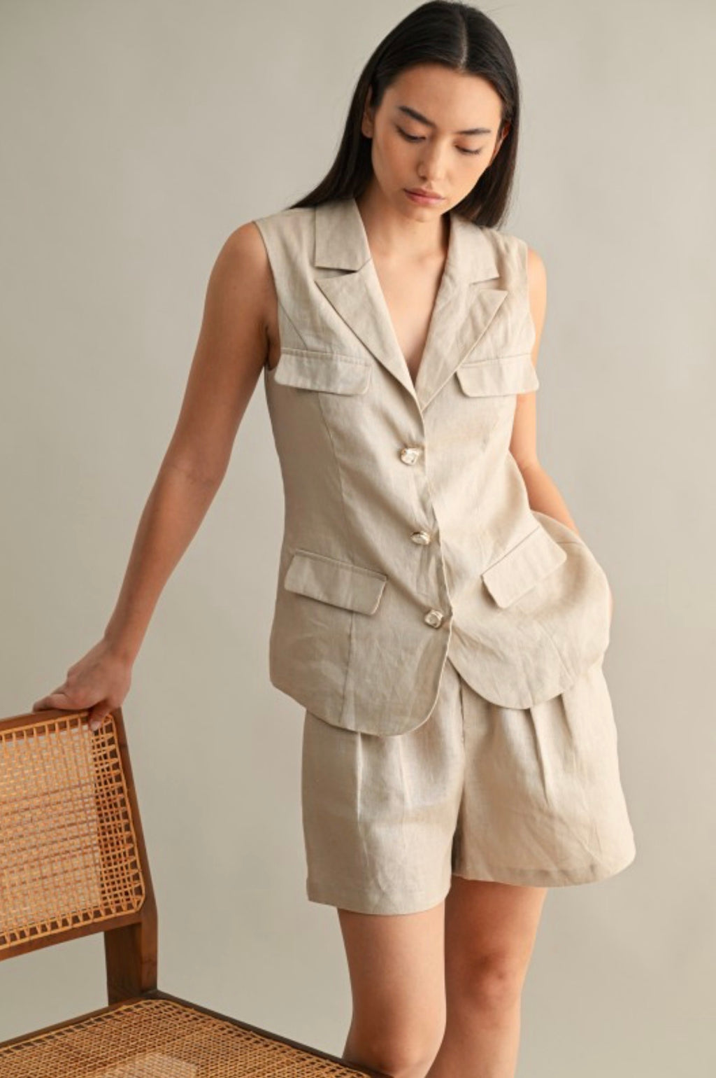 Natural Linen Vest and Shorts Set with Pearl Accent Buttons