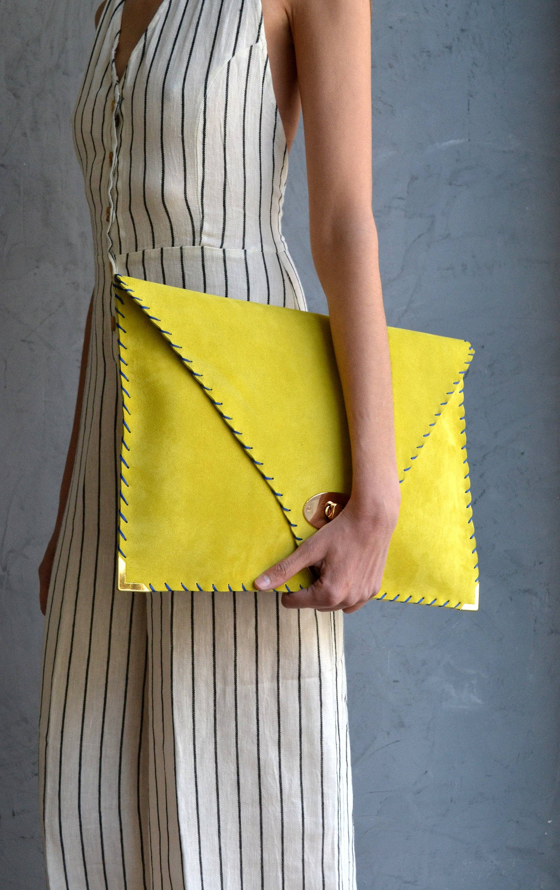 Symmetria Large Soft Clutch In Lime Yellow With Blue Piping