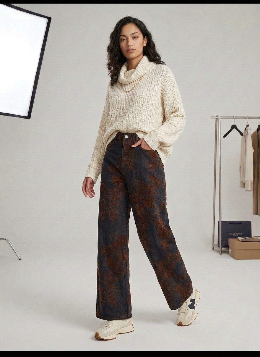 Wide-Leg Winter Leaves Jeans