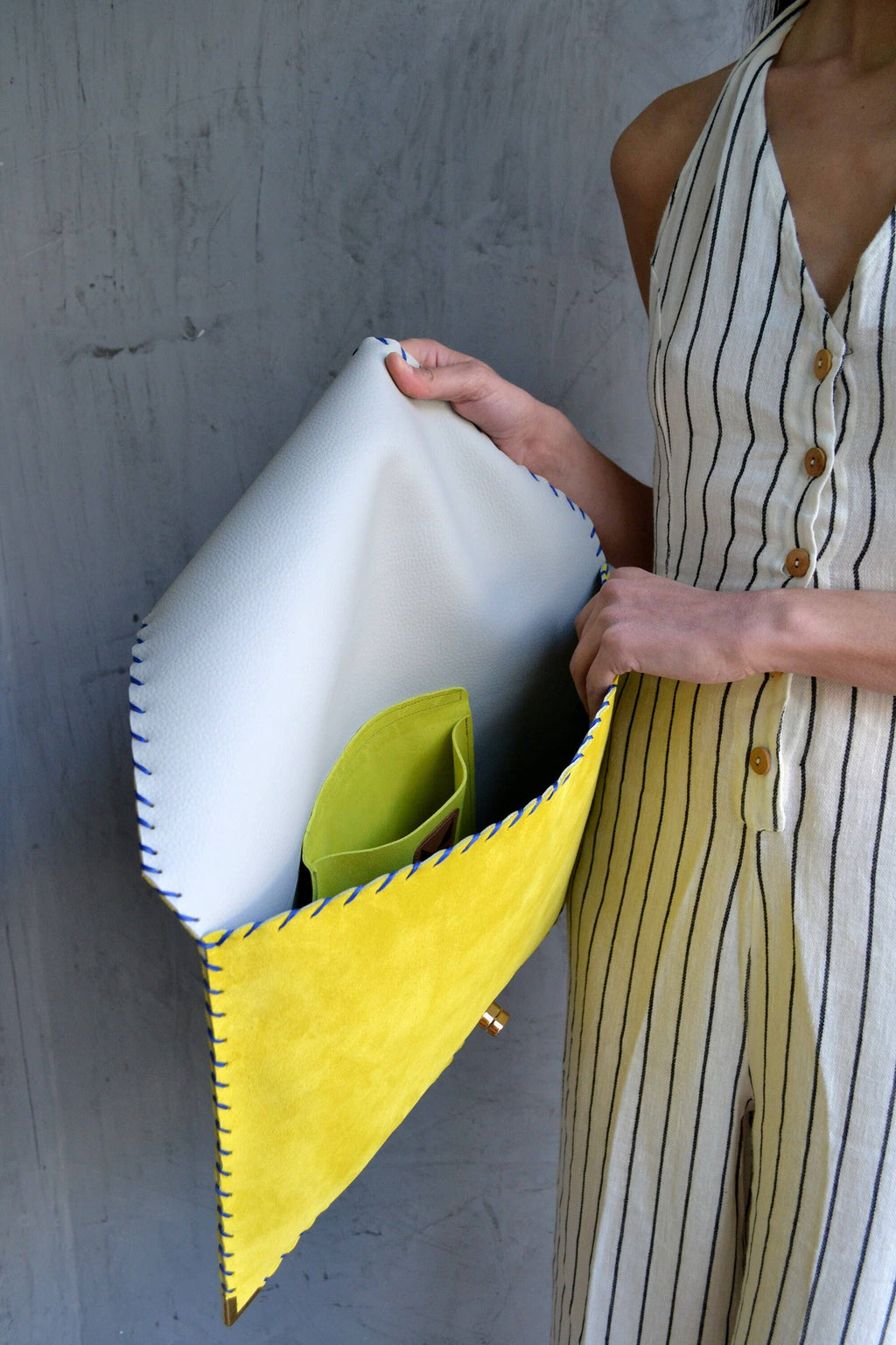 Symmetria Large Soft Clutch In Lime Yellow With Blue Piping