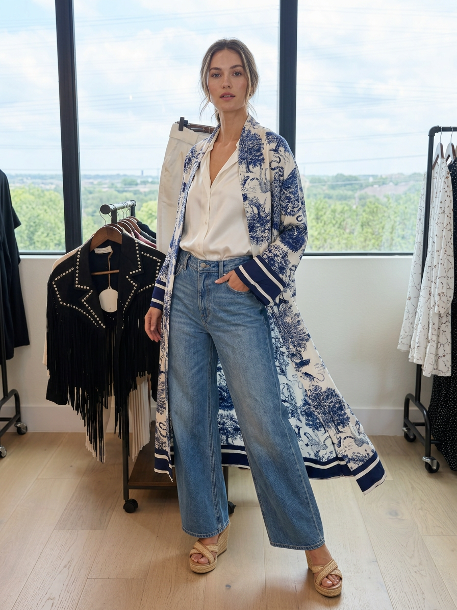 Navy Fluid Long Jungle Kimono