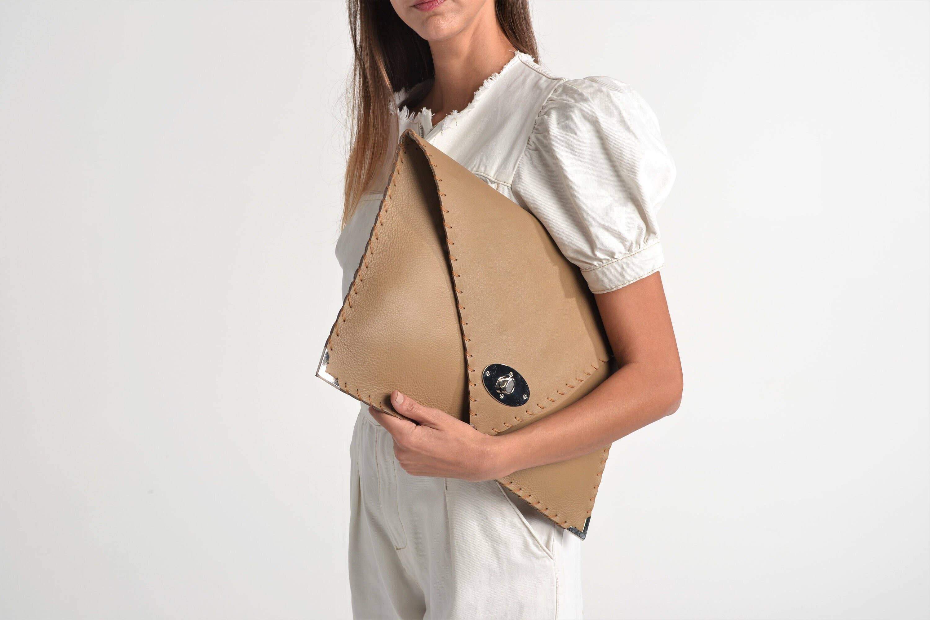 Symmetria Large Leather Clutch In Tan And Silver