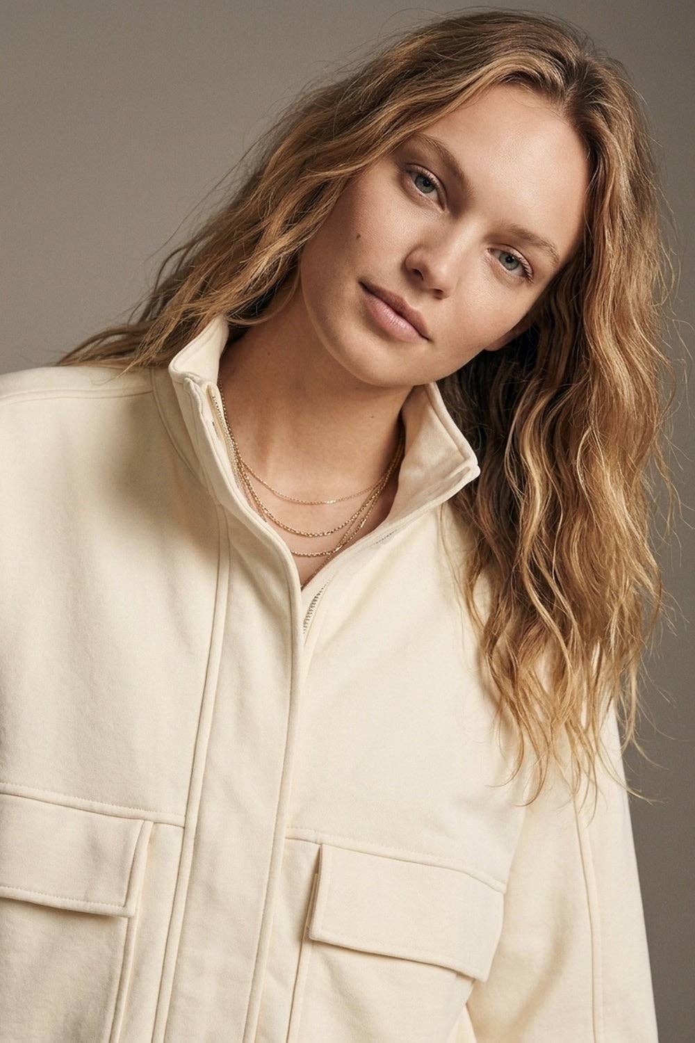 Cream High Collar Pocket Bomber Jacket