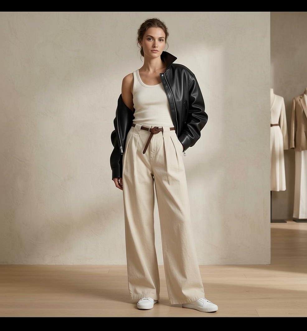 Bone Wide Pleated Trousers With Belt