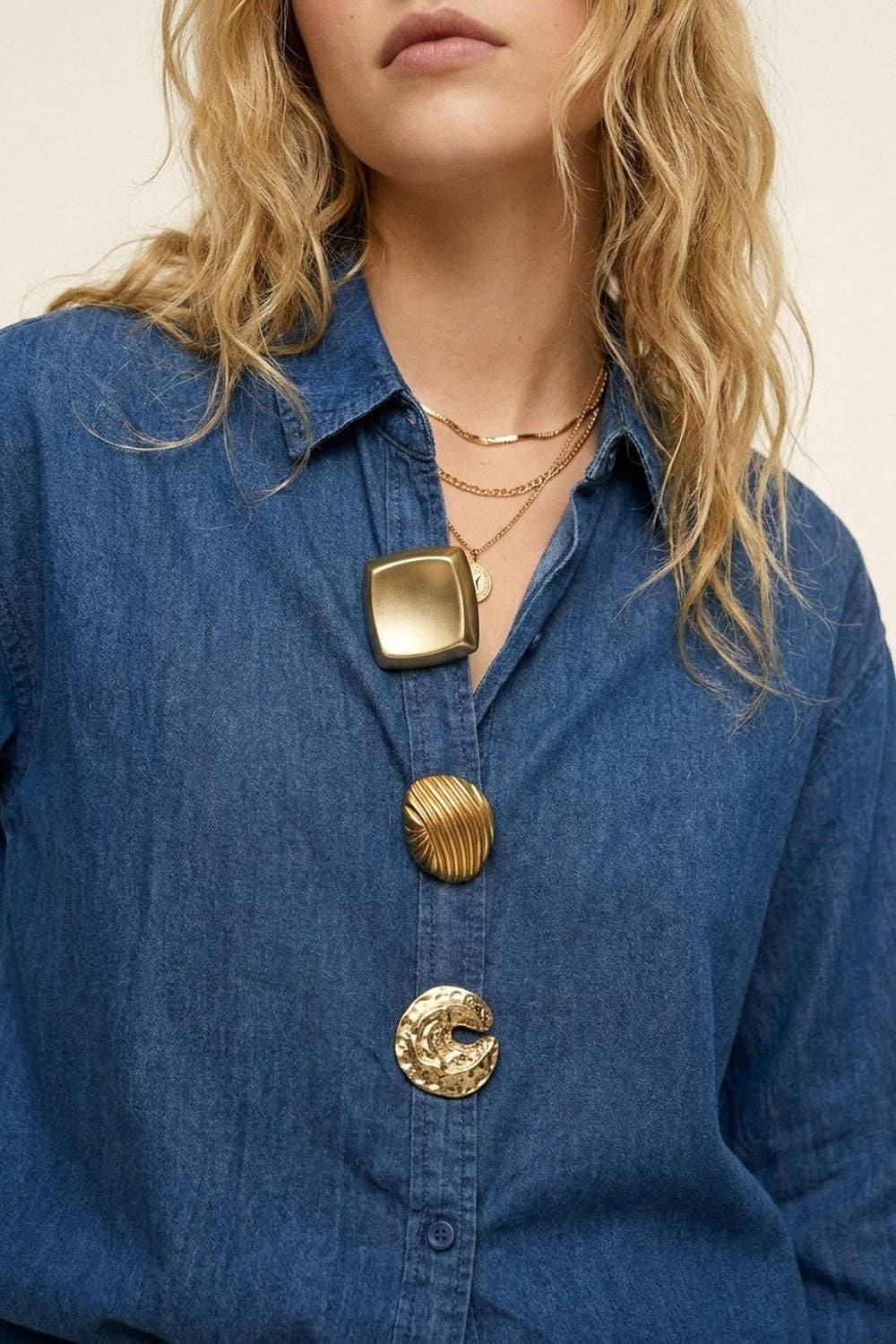 Blue Denim Blouse with Statement Gold Buttons