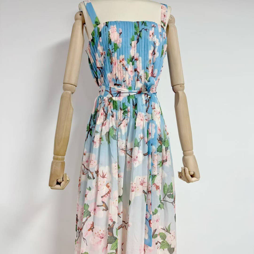 Chiffon Ombre Floral Pleated Maxi Dress