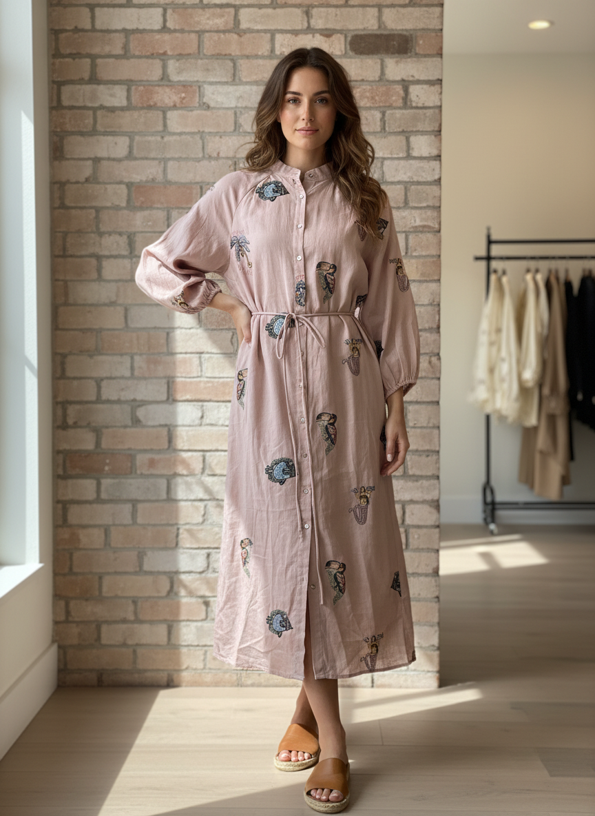 Pink Linen Embroidered dress